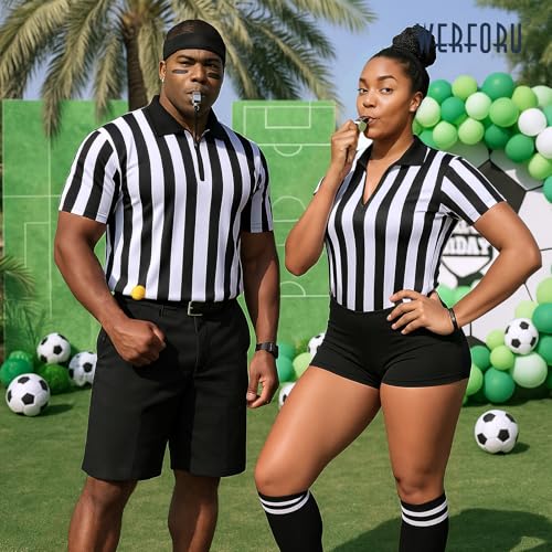 WERFORU Referee Costume Set for Unisex,Zipper Ref Stripe Shirt Penalty Flag and Whistle for Football Sports Halloween Cosplay