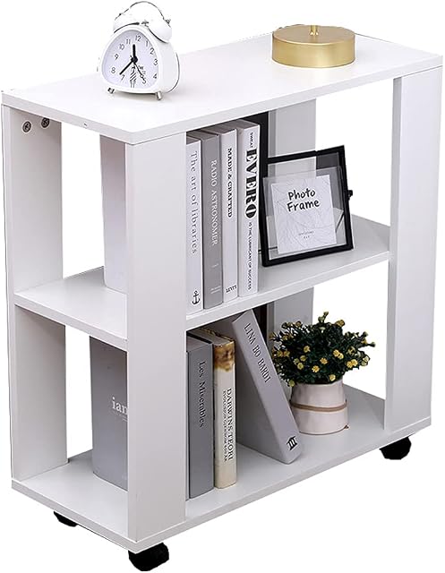 CFDZ White Side Table with Wheels,Beside Sofa with 2 Tier Storage Shelves,End Lamp Tea Table for Living Room,60x27x58cm