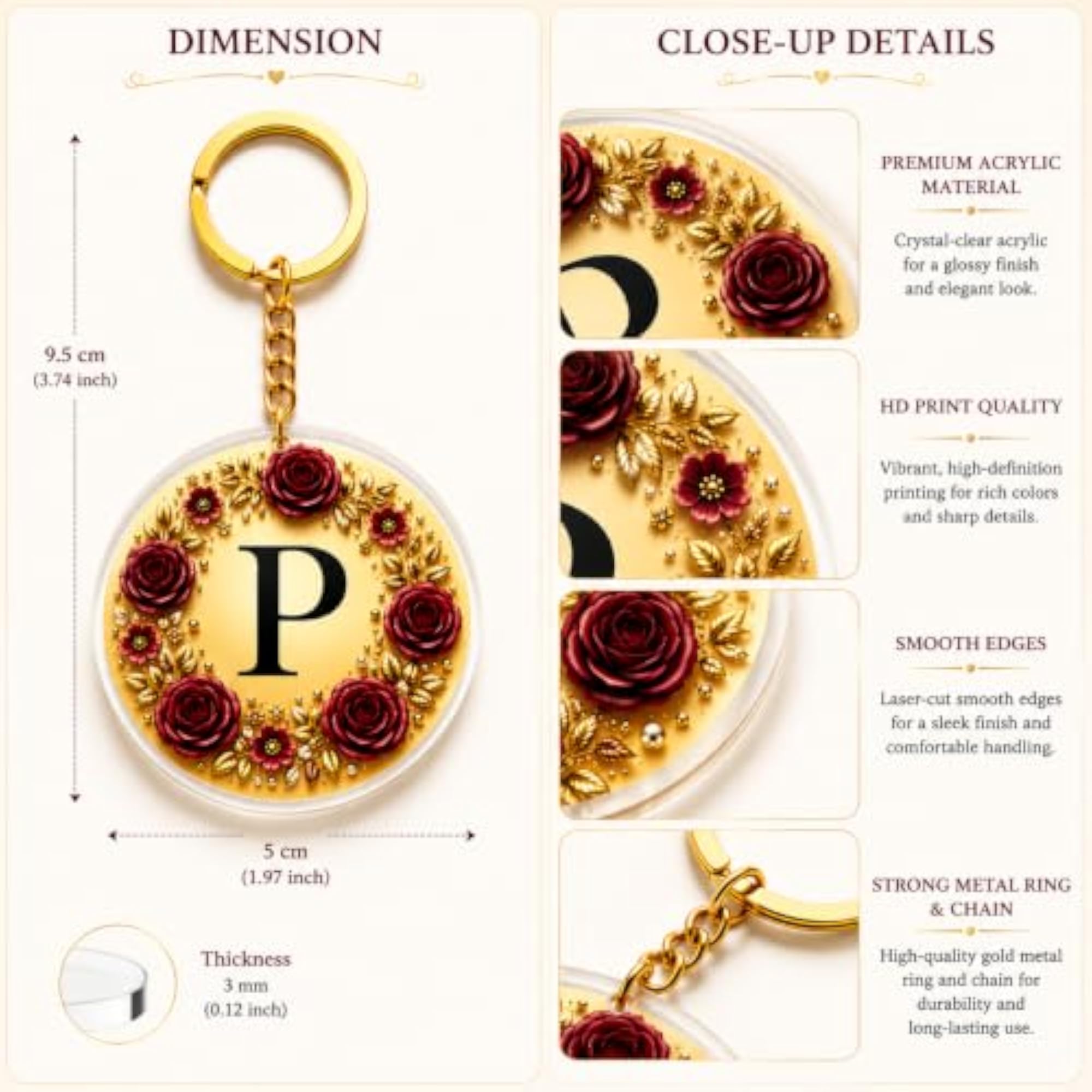 Personalized Alphabet P Round Acrylic Keychain & Burgundy Floral Initial Letter Key Ring Monogram Birthday Gift