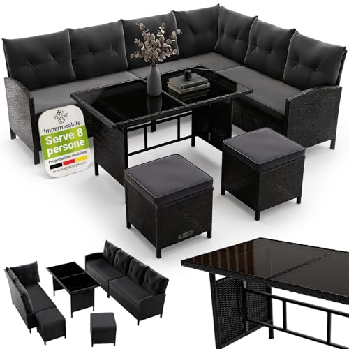 Juskys Lounge in polyrattan Manacor nero - Lounge da giardino con divano, tavolo, 2 sgabelli e cuscini - Set di mobili da giardino fino a 7 persone - Rivestimenti dei sedili color grigio