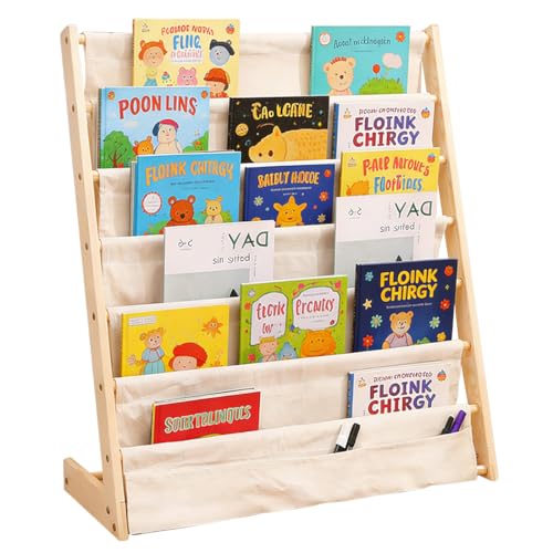 MIUUIPI Estantería infantil Montessori de 75 x 30 x 79 cm con 6 niveles y compartimentos de tela, estantería abierta de madera para guardar y mostrar libros y juguetes (beige)