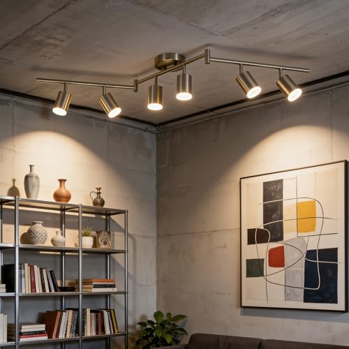 Bojim Lampara LED Interior Cocina Techo con 6 10W Focos Orientables Lluminación Precisa Potente, GU10 Light Luz Níquel Barra Plafon Pared para Baño Pasillo Bar Ceiling Lamparas Comedor, Sin Bombilla