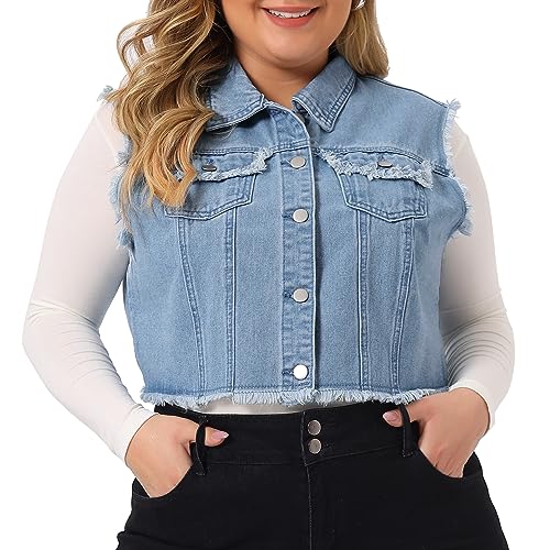 Agnes Orinda Plus Size Denim Jackets for Women Button Down Distressed Sleeveless Jean Vest Jacket