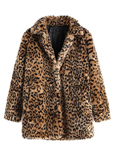 SweatyRocks Women Khaki Hooded Dolman Sleeve Faux Fur Cardigan Coat for Winter (Medium, Leopard)
