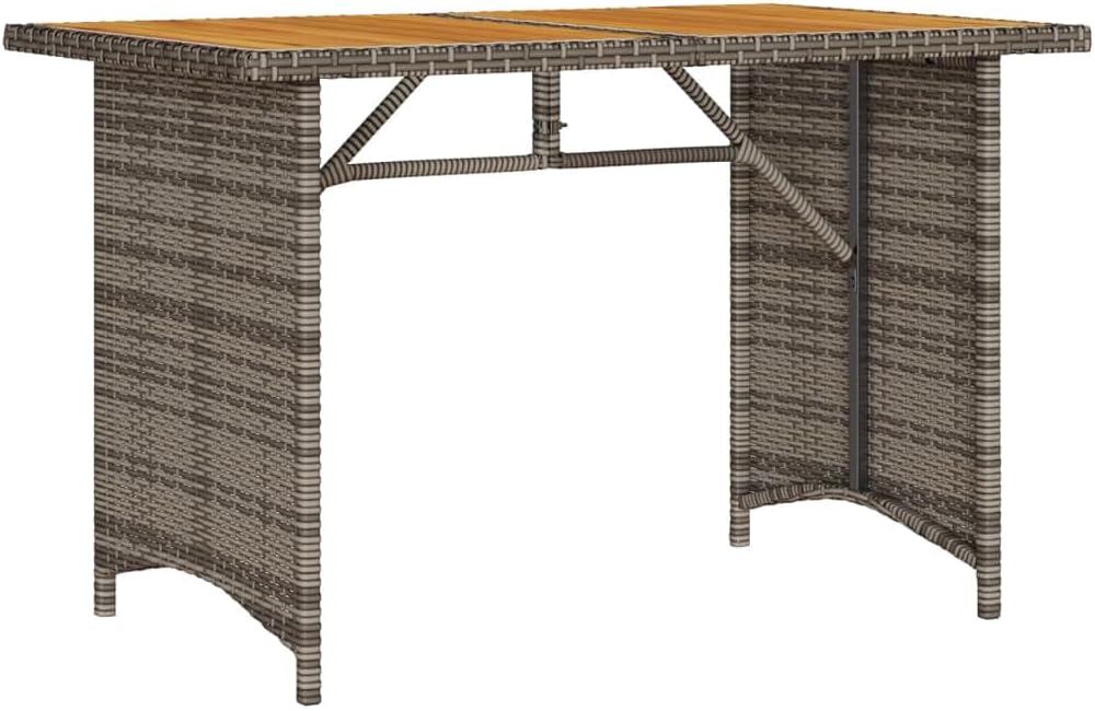 Contemporary Grey PE Rattan Garden Dining Table with Solid Acacia Wood Top and Powder-Coated Steel Frame for Outdoor Patio Terrace Seating Capacity for Six People Durable