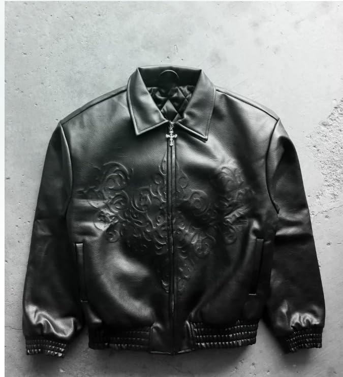 Image of Stygian Emboss Jacket, Black Leather, Embossed Design, Zip Front with Studded Cuffs