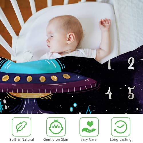Image of UFO Baby Monthly Milestone Blanket, Purple Spaceship, 60x40in | Soft Flannel, Alien Design, Photography Props for Boys Girls, Newborn Mom Gift, Nursery Decor Baby Shower