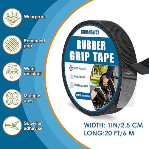 Black Rubber Grip Tape 1 Inch x 20 Ft Non-Abrasive Anti-Slip Tape for Handrails Strong Adhesive Waterproof Heat Resistant Handlebar Wrap Cushion Grip for Tools Stairs Bicycle Handle Comfort Wrap