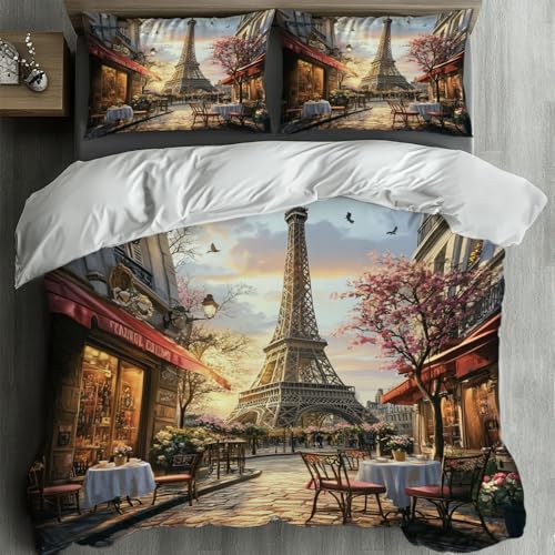 Housse de couette 220x240 anti-plis en microfibre imprimée scène romantique Paris - 2