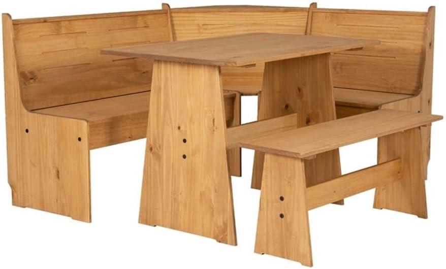 Linon Talon Pine Wood Patio Conversation Indoor 3 Piece Kitchen Corner Table Booth Bench Breakfast Dining Nook Set in Natural