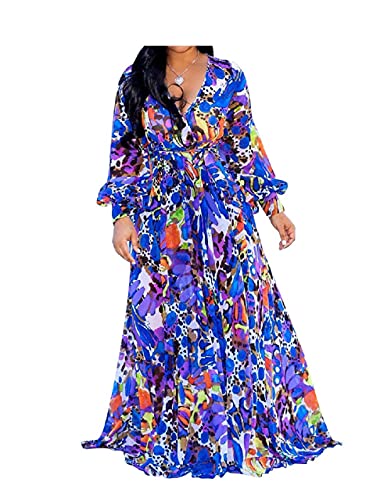 Image of lvenzse Womens Maxi Dress Boho Chiffon Floral Printed Long Party Dresses Plus Size with Belt (FBA)