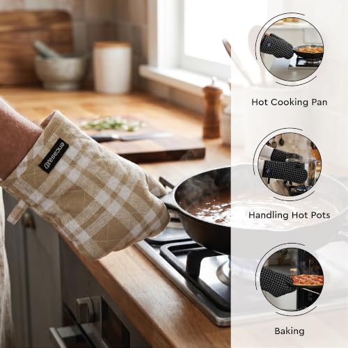 Image of Encasa XO 100% Cotton Apron Set for Women & Men with Adjustable Apron, Oven Gloves & Pot Holder (Pack of 3) Combo, Heat-Resistant, Soft & Durable for Cooking, Baking & Grilling (Franca Beige Checks)