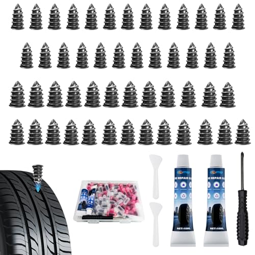 Image of Tire Repair Rubber Nails Kit, 50 PCS Screw in Tire Repair Plugs Kit with 2 Sizes, Portable Emergency Tubeless Tire Repair Kit for Cars, SUVs, Motorcycles and ATVs (25S+25L+20ML+1Screwdriver)