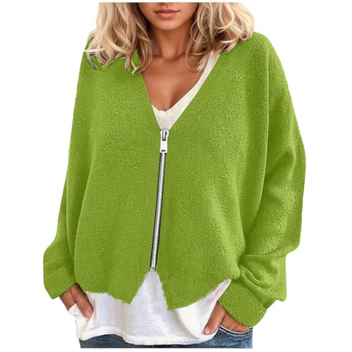 Genérico Chaqueta Entretiempo Mujer Chaqueta informal femenina de manga larga con elegante cuello en V y práctico cierre de cremallera para uso diario y oficina (Green, XL)
