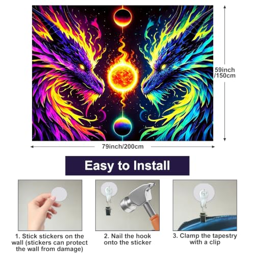 Image of BlissYard Dragon Tapestry Blacklight Tapestry 78x59 Inch UV Wall Hanging | Tapestry for Bedroom with Neon Twin Dragon Artwork for Fantasy Bedroom Dorm and Gaming Room Decor