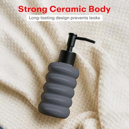 Image of Rioware Ceramic Soap Dispenser Hand Wash Bottles for Basin | Multipurpose Refillable for Liquid Shampoo, Kitchen, Bathroom, and Household Use | 300Ml, Pack of 1 - Round Grey