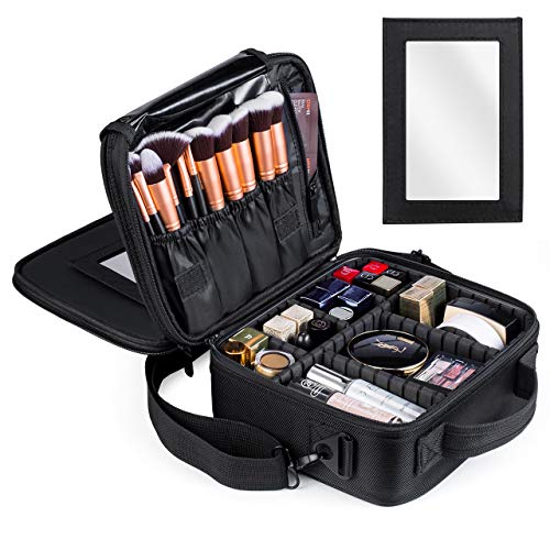 Kootek Travel Makeup Bag Double-Layer Portable Train Cosmetic Case Organizer with Mirror Shoulder Strap for Cosmetics Makeup Brushes
