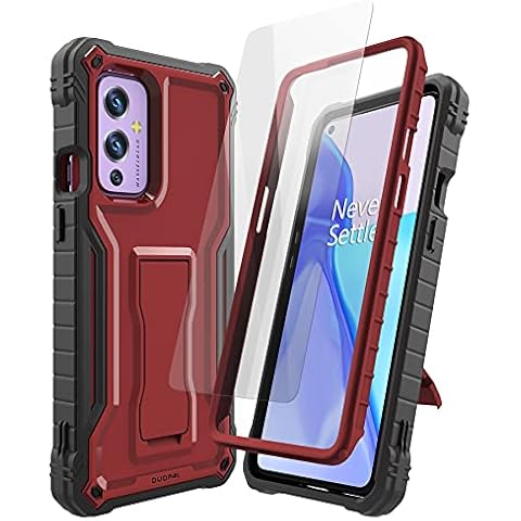 DUOPAL for OnePlus 9 Case, Military Grade Protection Shockproof Case with Tempered Glass HD Screen Protector and Kickstand Compatible with OnePlus 9 Phone 6.55 Inch (Red) Cover