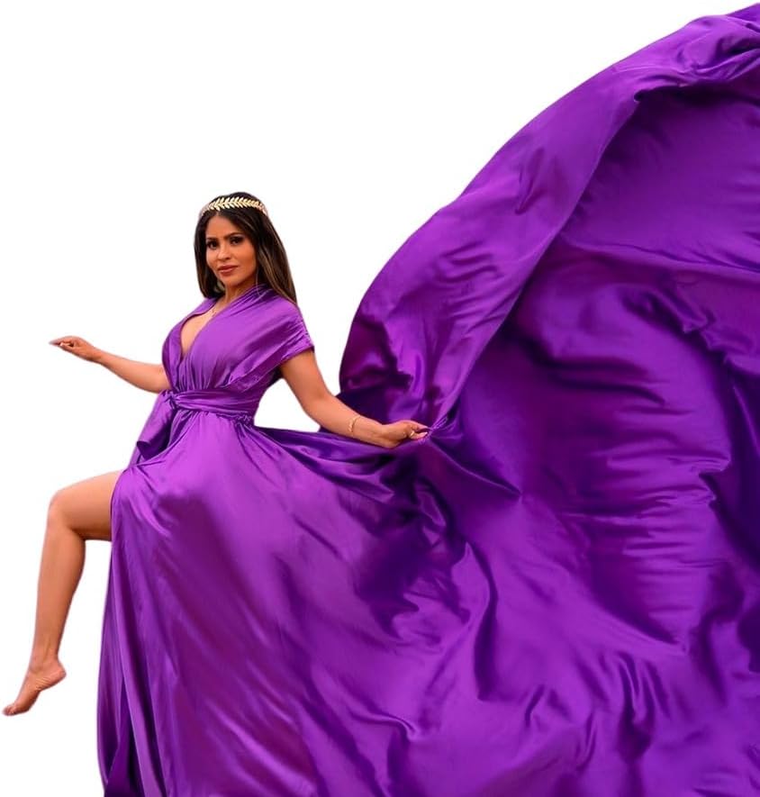 Infinity Long Flying Dress | Train Photoshoot Flowy Dress | Satin Santorini Flying Long Maxi Photography Baby Shower for Women| Long Satin Purple