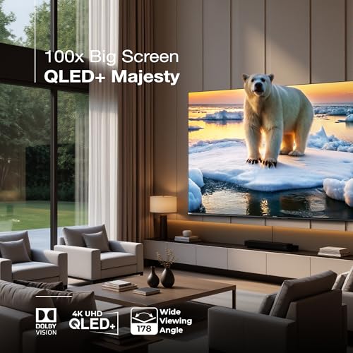 Image of SANSUI 254cm (100) 4K QLED+ Smart Google TV with Dolby Vision, HDR10+, Antiglare Display, 60W Dolby Atmos Sound with Subwoofer, 120Hz Refresh Rate, MEMC JSW100GSQLEDFF (Black)