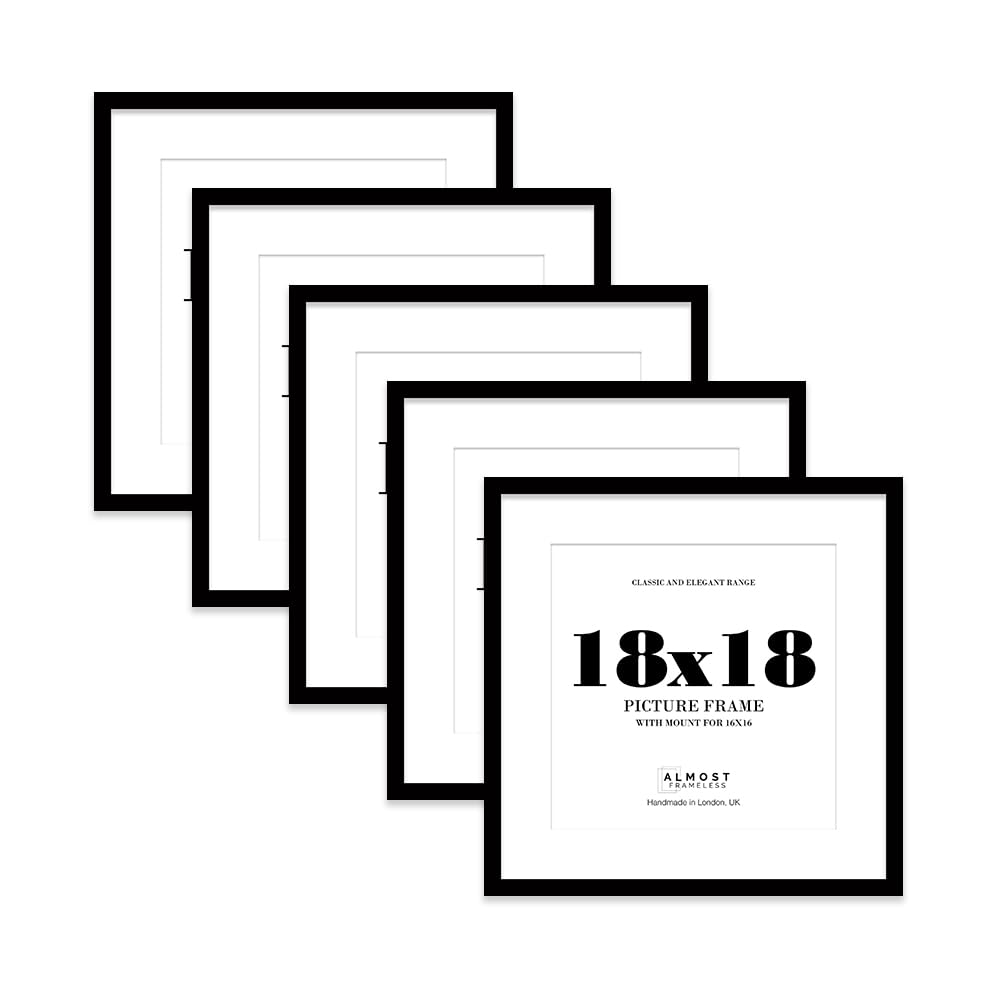 18x18 Black Picture Frame with Mount for 16x16 Photos, Prints - Modern Square Wall Frame, Set of 5