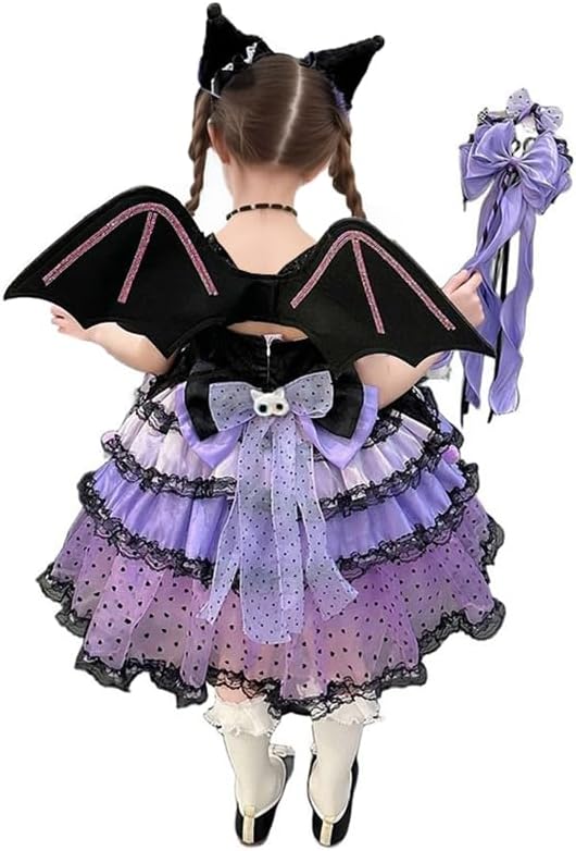 Girls Princess Gothic Lolita Dress Purple and Black Lace Skirt with Wings and Headband Halloween Outfit - Image 6