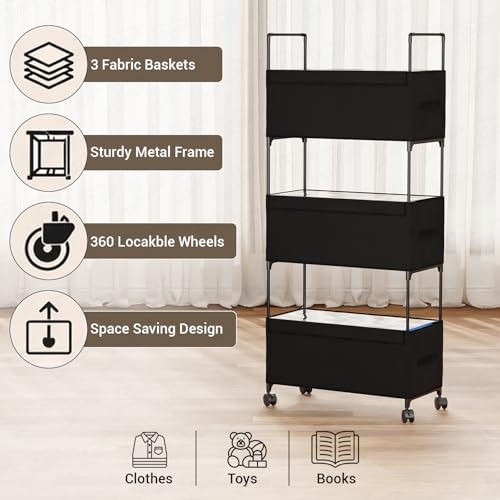 Image of Lukzer 3-Tier Clothes Organizer Basket with Wheels | Fabric Closet Storage Rack for Folded Clothes | Metal Rolling Wardrobe Shelf for Bedroom Closet & Laundry Room (Black /28x57x136 cm)