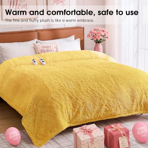 RUJIPO Heated Electric Blanket Queen–Faux Fur with Soft Thick SherpaWarm Winter Birthday Gifts for Women Grandma,Dual Control,10 Heat Settings,5 Time Settings, 84x90, Beige — view 2