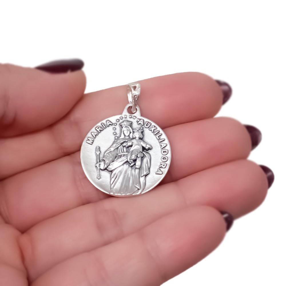 Virgen María Auxiliadora Medalla Plata Ley 925m maciza 24mm.. Grabación incluida en el precio - Personalizable - GRABACIÓN INCLUIDA EN EL PRECIO