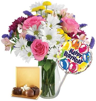 Birthday Supreme Roses, Daisies, and Alstroemeria Bouquet, with Chocolate, Birthday Balloon, and Glass Vase (Fresh Cut Flowers)
