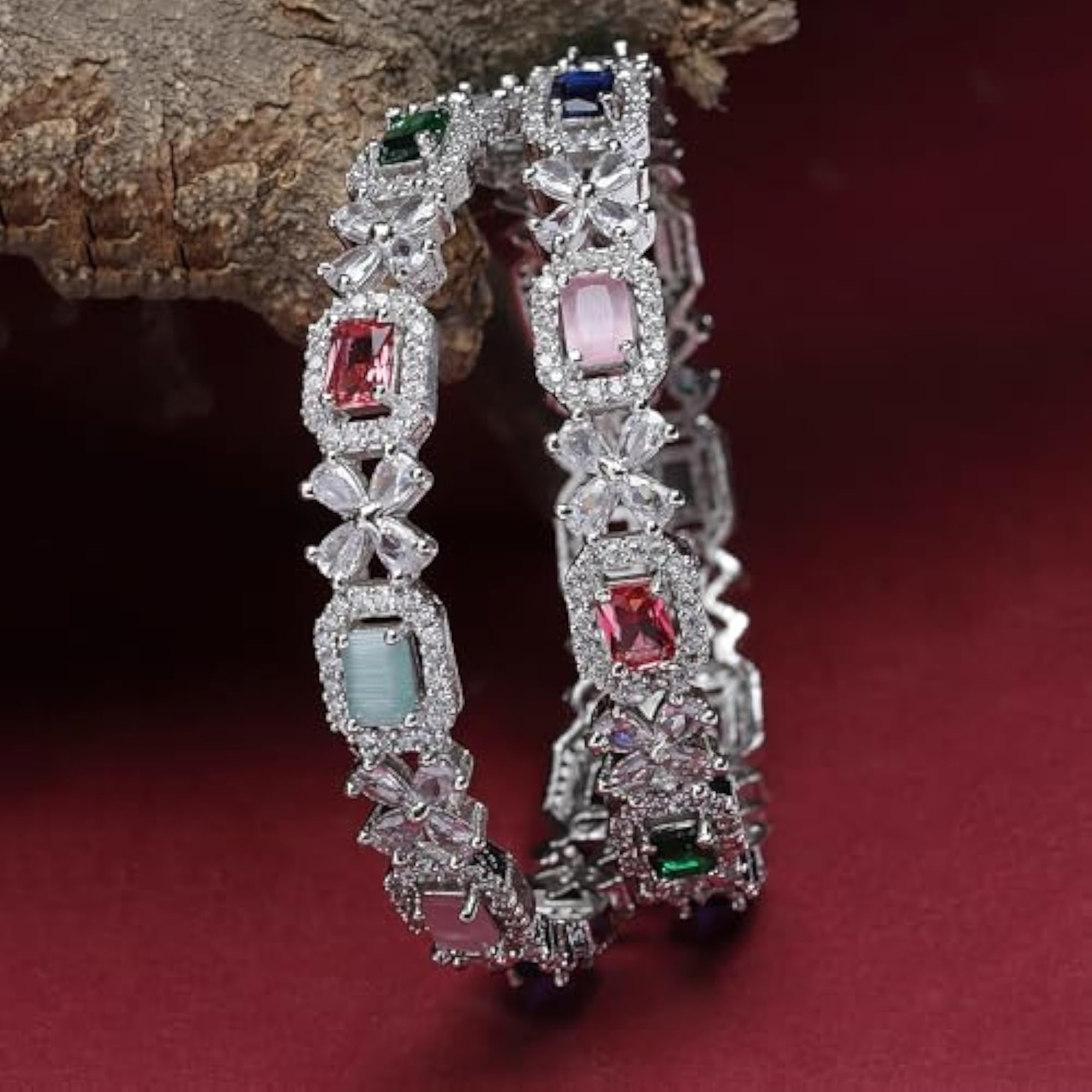 Rhodium-Plated Silver Toned AD Square Shaped Bangle Set (Design_04)