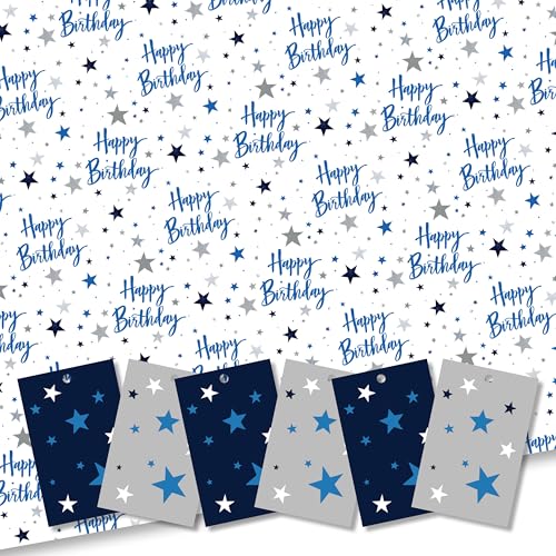 Happy Birthday Gift Wrap. 5 XL Sheets (50 x 70cm). Wrapping Paper with matching Tags. Cutting grid on reverse. Made in UK. Made in Britain.