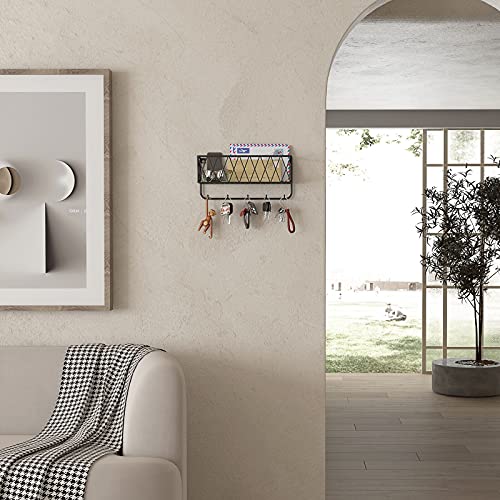 Oropy Entryway Mail Holder With Key Hooks, 11.0" L×2.6" W×5.1" H, Wall Mounted Matte Black Metal Wire Mesh Storage Basket With 5 Hooks, Easy To Organize Letters, Magazines, Keys, Leashes For Entryway #TOP2