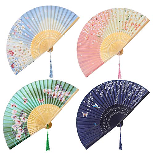 BABEYOND 4pcs Japanese Style Floral Folding Hand Fan Vintage Handheld Silk Folding Fan with Different Patterns Folding Fan for Wedding Dancing Party (Japanese Flower)
