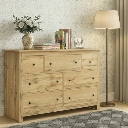 AilZylphera Cómoda de Madera con 7 cajones, 152cm de Ancho Comoda cajonera aparador para salón, Comedor, Dormitorio y salón (Color Madera-A)