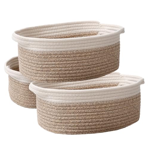 Image of JMvicyroam Small Woven Basket, Empty Gift Basket, White&Oatmeal /3 Pack | Small Gift Basket, Cotton Rope, 12 x 8 x 74 in, Handles, Includes Ribbon and Bag, Birthday Gift Basket
