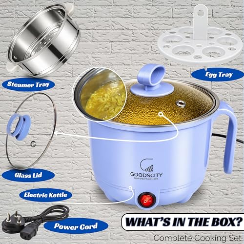 Image of GOODSCITY Multifunctional 3-in-1 Electric Kettle 1.5L| Stainless Steel Pot with Steamer & Egg Tray | Compact Multi Cook,Steam & Boil Veggies, Tea,Coffee, Water,Baby food | 600W |1 Year Warranty |GC201
