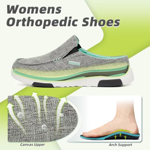 OrthoComfoot Women's Orthopedic Slip-On Loafers Walking Shoes: Comfortable Arch Support Slippers for Plantar Fasciitis, Casual Canvas Orthotic Mule Clogs for Foot Heel Pain Relief2