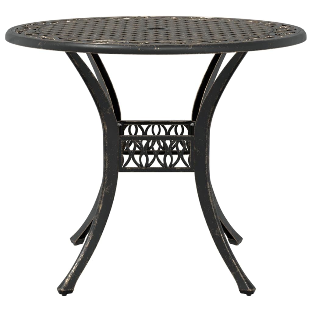 Stół ogrodowy z brązu, odlew aluminiowy, Ø 90 x 75 cm, stół tarasowy z otworem na parasol, stół balkonowy do ogrodu, na patio, kemping, stabilny stolik pomocniczy do jedzenia i pikniku