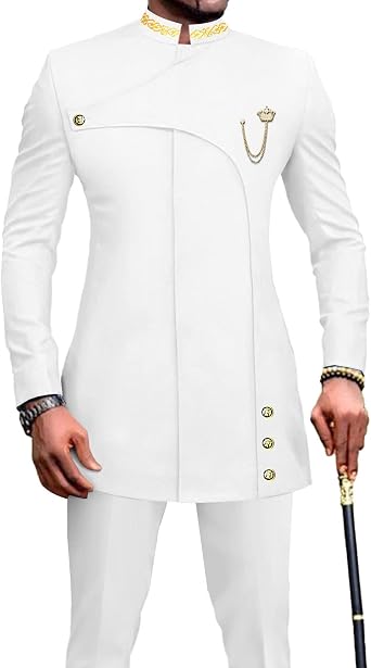 Mens 2 Pieces Suit Elegant Single Breated Slim Fit Embroidery Blazer Pants Set African Clothes Wedding White Medium