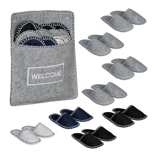 Relaxdays Gästskor, 6 par, tofflor set med väska, storlekar 36–45, filttofflor, halkfri sula, flerfärgade