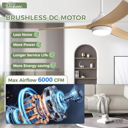 Image of Sofucor 52 Inch Smart Modern Ceiling Fan with Light, 3 ABS Blades | Alexa /Google Assistant /APP /Remote Control, Reversible DC Motor, Timer, 6 Speeds, 3-CCT for Living Room Bedroom Patio