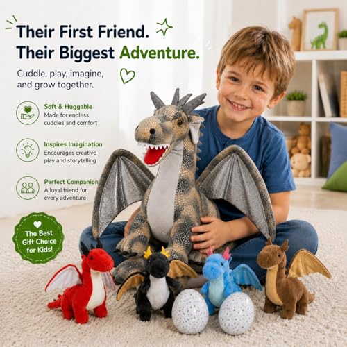 Image of Dragon Plush with 4 Babies, 21.7 inch Dinosaur Stuffed Animal, Gray