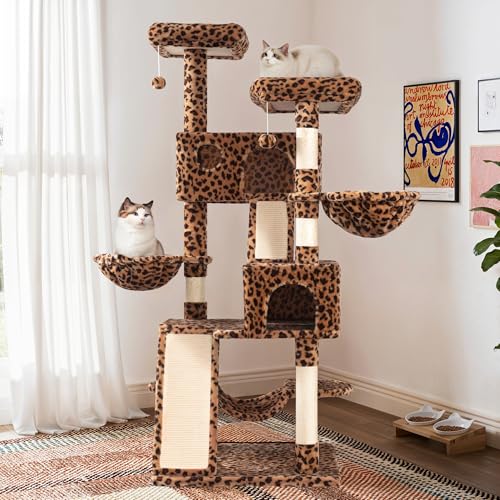 Image of SHA CERLIN 65in Larger Cat Tree Tower Condo for Indoor Kitties /Multi-Level Furniture Activity Center with Wide Base /Cozy Plush Cat Perches /Baskets /Sisal Scratching Posts and Hammock /Leopard Print