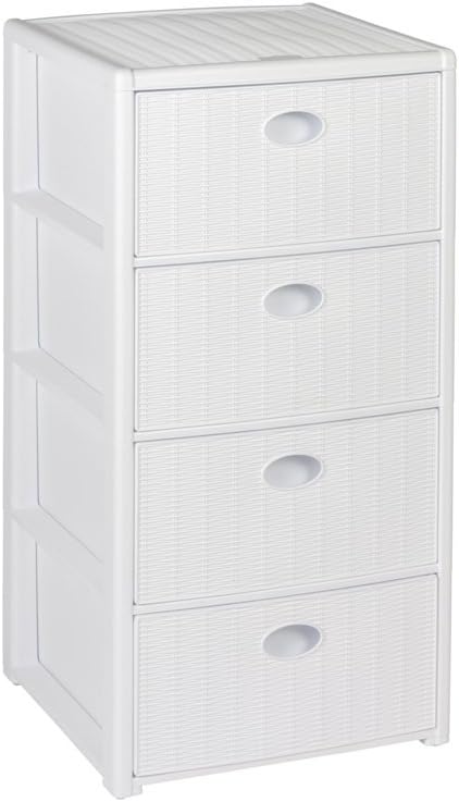 Drawer Cabinet trolley, Plastic in Wicker-Look with 4 Drawers, Dimensions:40X40X81 cm In pure, bright white.