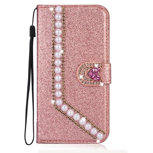 Bling Wallet Case for Samsung Galaxy A40 Glitter Rose Gold PU Leather with Sparkle Diamond Pearl Luxury Shiny Crystal Rhinestone TPU Bumper Protective Case Cover for Samsung Galaxy A40