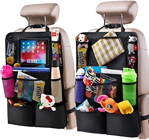 Helteko Backseat Car Organizer, Kick Mats Back Seat Protector with Touch Screen Tablet Holder, Car Back Seat Organizer for Kids, Car Travel Accessories, Kick Mat with 9 Storage Pockets 2 Pack