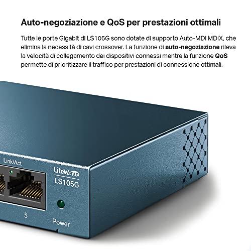 Tp-Link Ls105G Switch Ethernet 5 Porte Gigabit, Sdoppiatore Ethernet, Struttura In Metallo, 802.1P/Dscp Qos, Funzionamento Silenzioso, Montaggio Desktop, Blu, ‎9.98 x 9.8 x 2.5 cm; 190 grammi