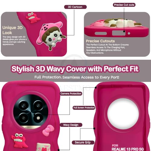 Image of AESTMO Back Case Cover for Realme 13 Pro 5G / Pro Plus | 3D Cute Fun Cartoon Characters | Anti Slip Grip Cute Wave Curly Frame Shape | Back Cover for Realme 13 Pro 5G / Pro Plus |(Pink)