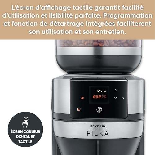 SEVERIN Cafetière filtre automatique FILKA verseuse isotherme, Cafetiere avec broyeur, Adapte la quantité d'eau à votre envie : mug, tasse, verseuse, KA 9695, Inox/Noir